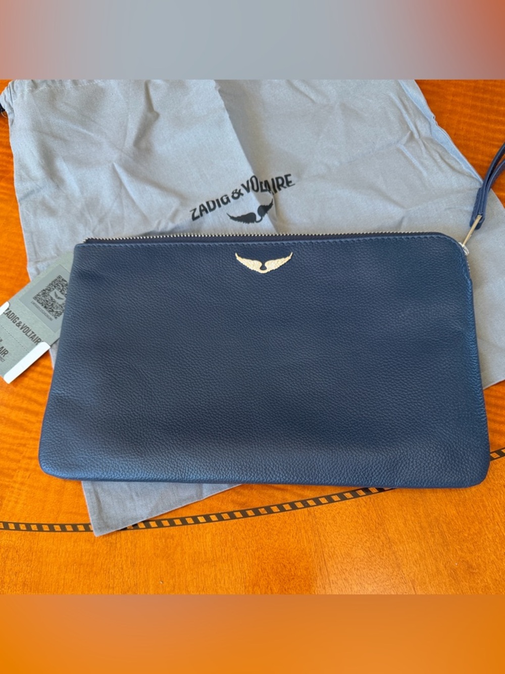 Zadig & Voltaire Navy Pebbled Leather Wristlet with Silver Wing Logo